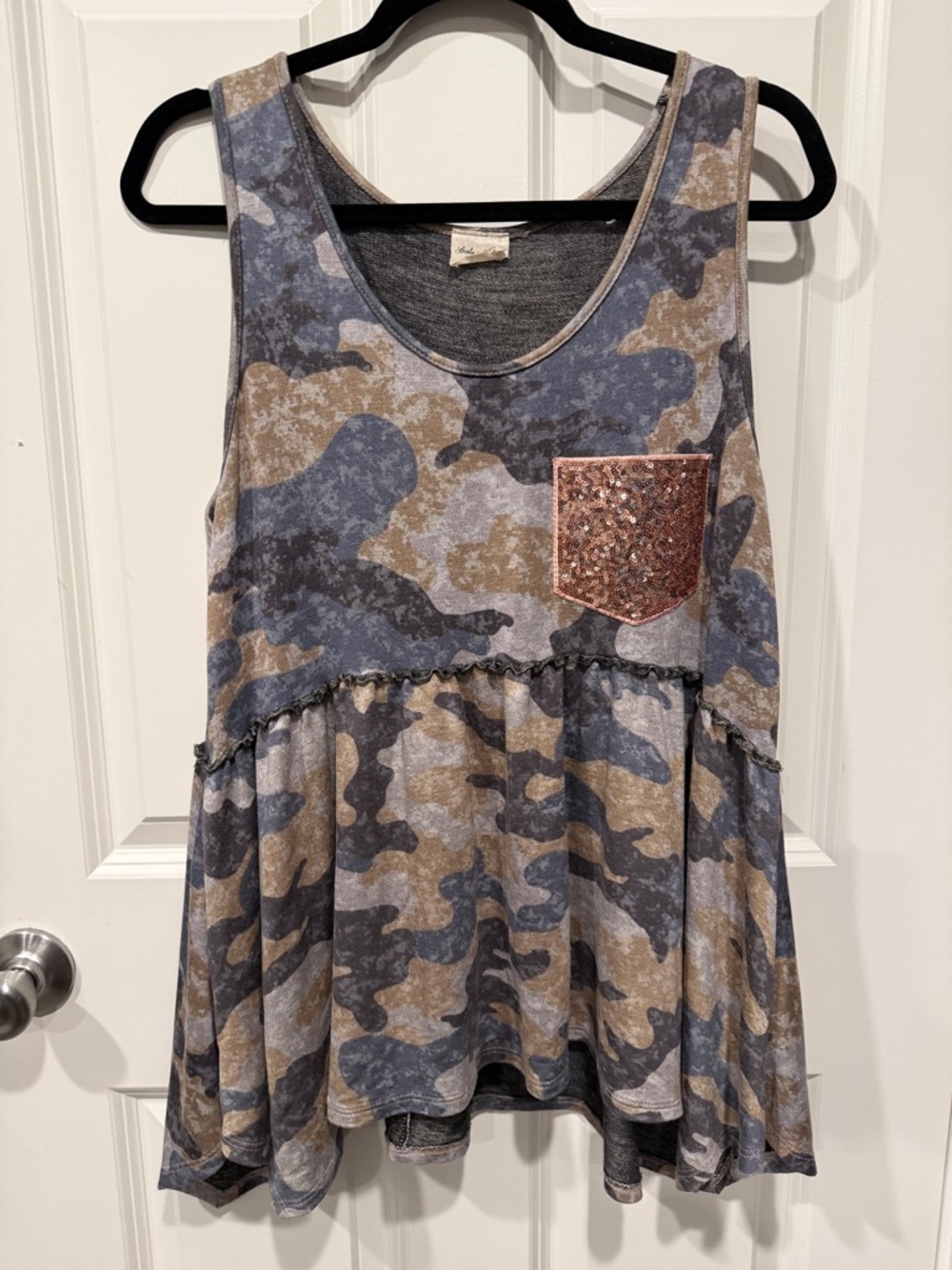 Lovely Melody Blue & Tan Camo Tank with Rose Gold Sequin Pocket